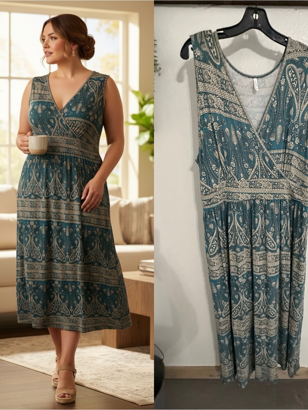 Cathy 3XL Teal Paisley Faux Wrap Sleeveless Maxi Dress Pockets